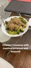Homemade chicken fricassee with mashed potatoes and broccoli