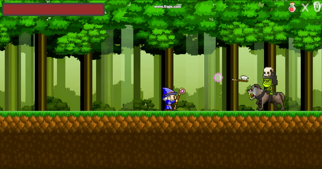Crypton Adventures pixel art: a wizard in a blue robe facing a skeleton rider on a horse in a forest