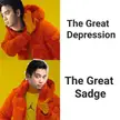Kanye West in an orange puffer jacket and yellow gloves in a two-panel dank meme about the Great Depression