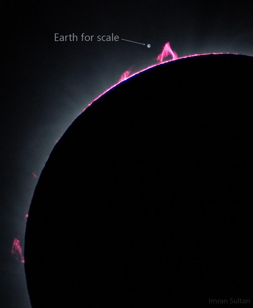 During the total solar eclipse I could see solar prominences with my naked eyes. This shot shows an enormous one-- the tiny dot is Earth added for scale