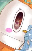 Anime art of a fair-skinned person with blue hair looking at a white mascot costume with the text MANZANITA '25