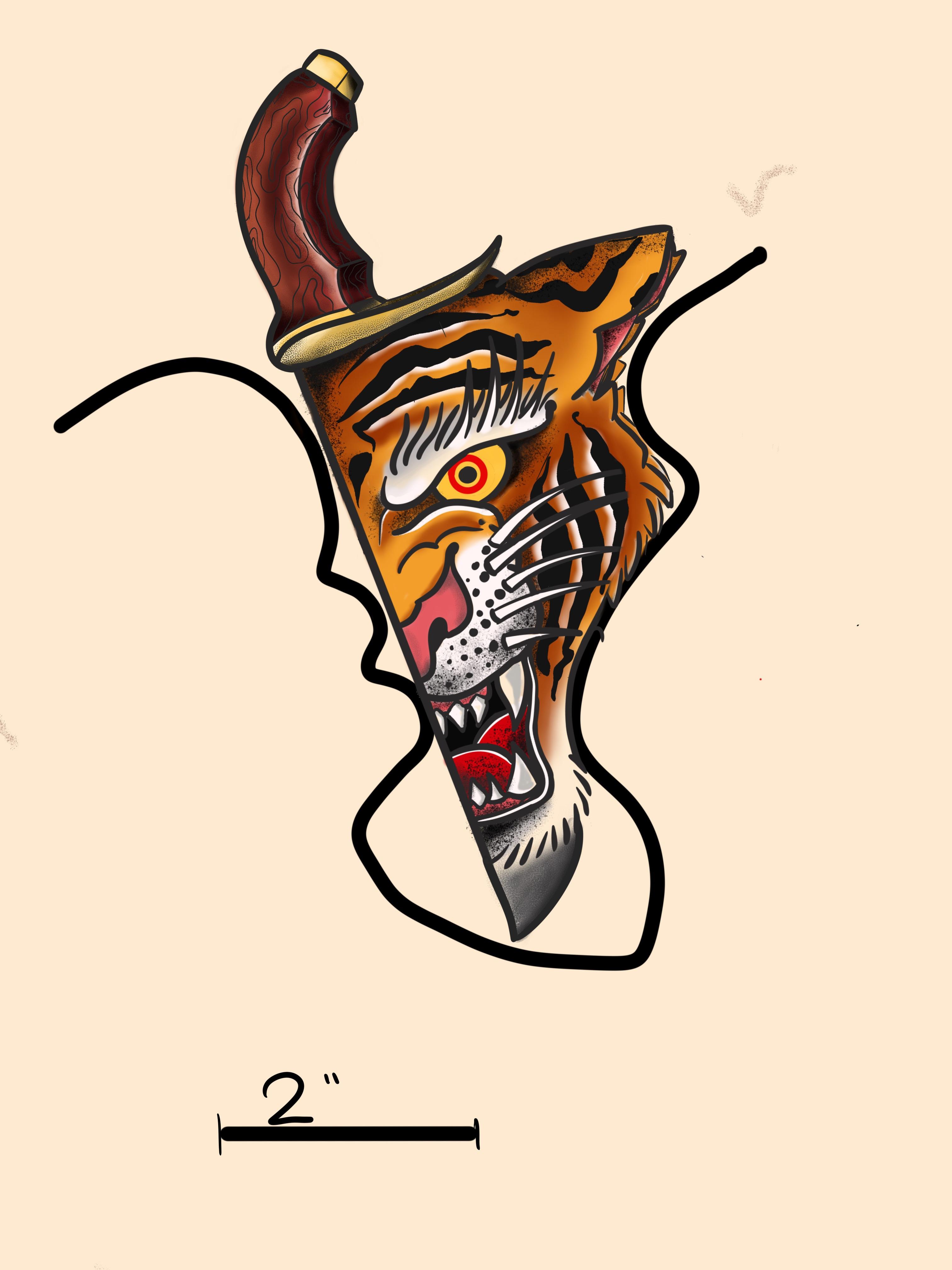 Traditional tattoo design of a tiger's face integrated into a curved knife blade on a beige background