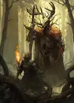 Warden Of The Woods by Jakub Jagoda: a knight in armor with a torch facing a skeletal antlered monster in a misty forest