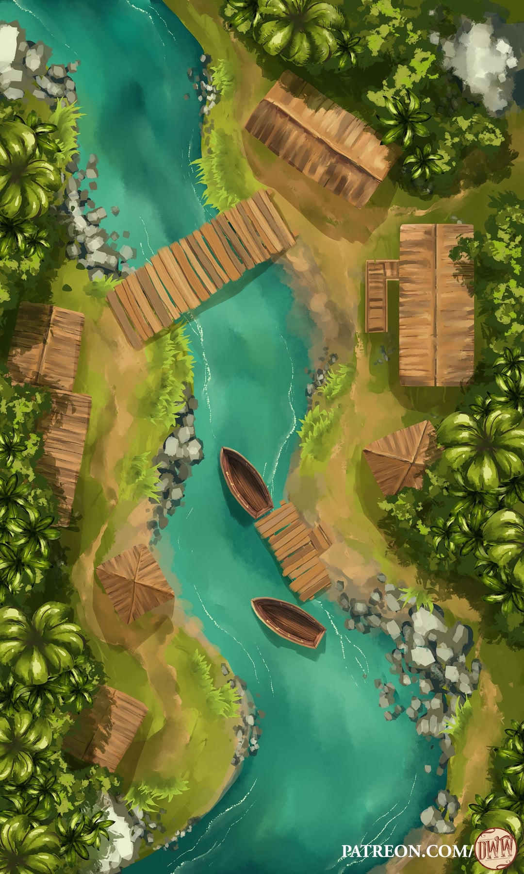 Fishing village battle map of a tropical river settlement with wooden huts, a bridge, and boats
