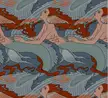 Digital art of a slim redhead mermaid swimming topless in a blue ocean seamless pattern.