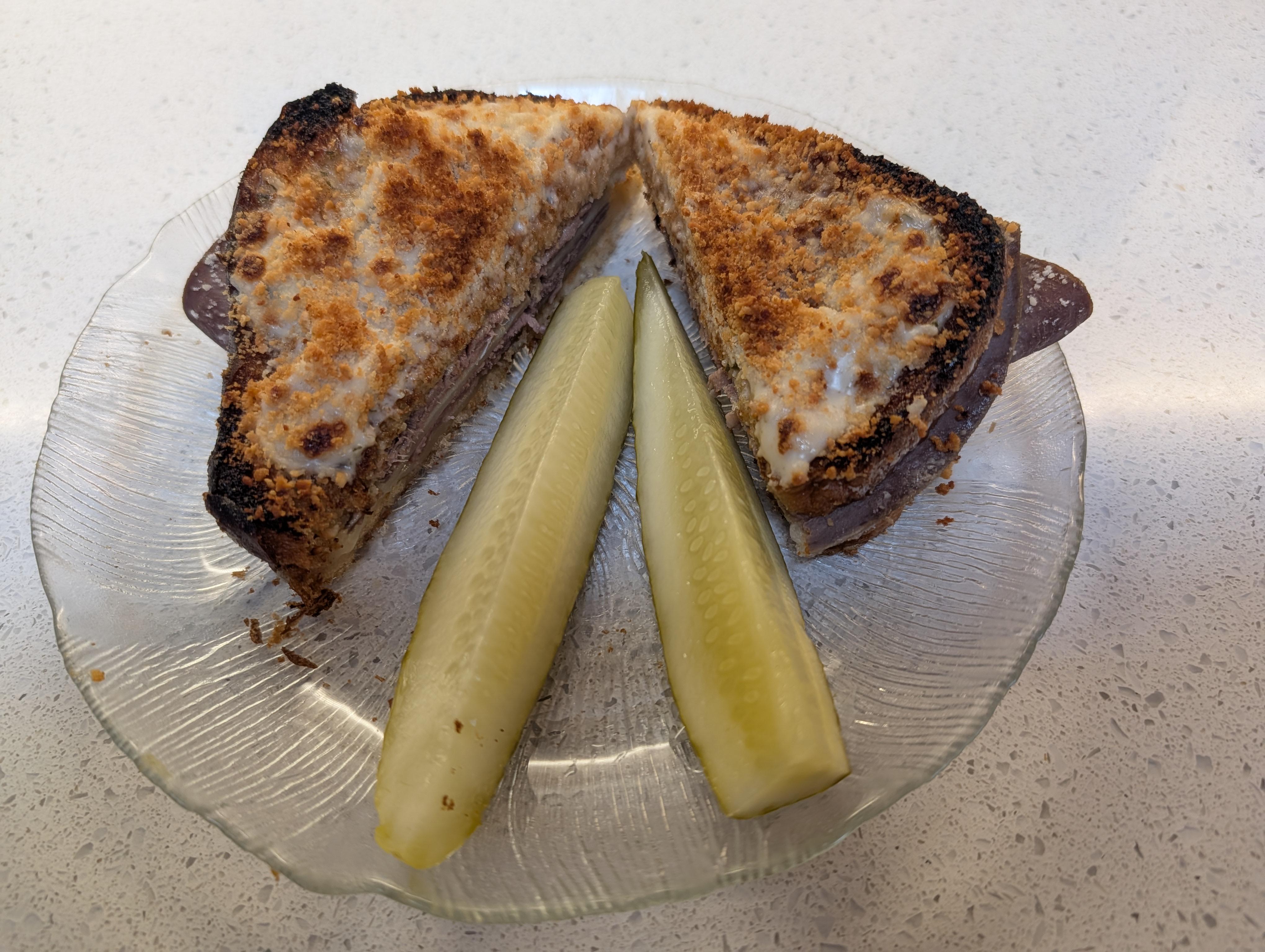 [homemade] Croque Monsieur made with roast beef instead of ham