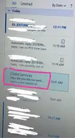 Corporate office email inbox with a message about an anal analysis highlighted in a pink box