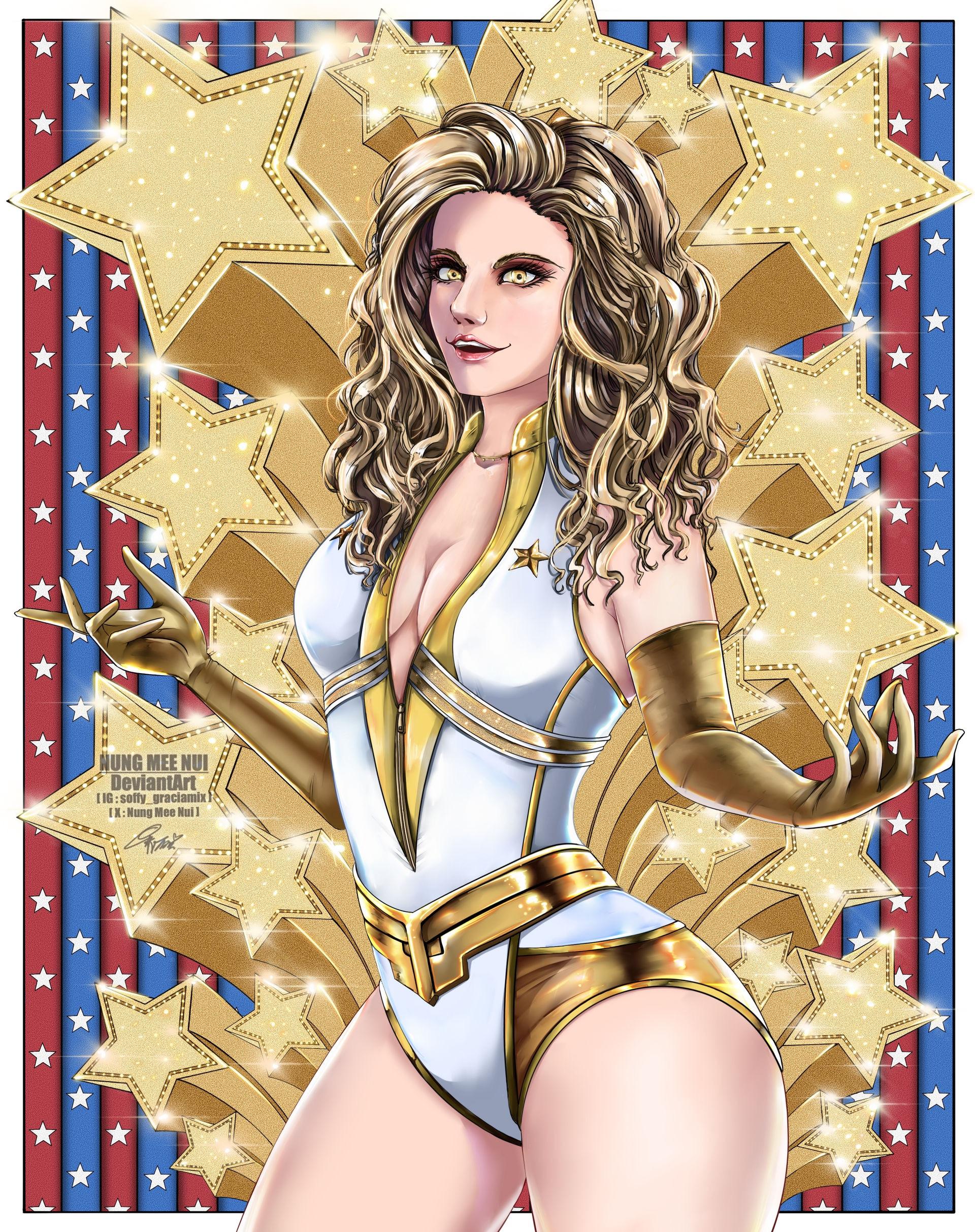Digital anime art by NUNG MEE NUI featuring curvy female characters in superhero suits, fantasy armor, and DC Comics gear.