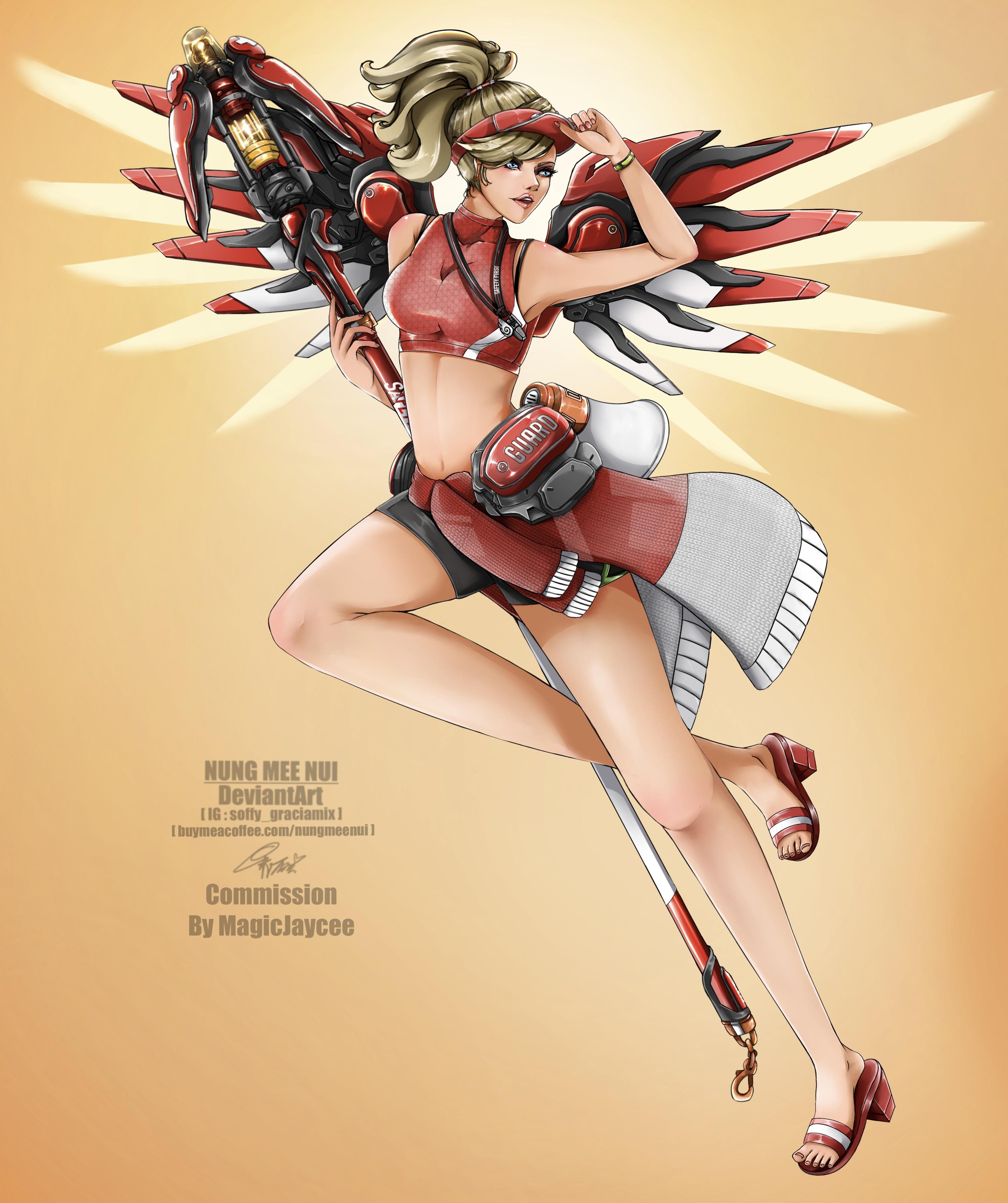 Digital anime art by NUNG MEE NUI featuring curvy female characters in superhero suits, fantasy armor, and DC Comics gear.