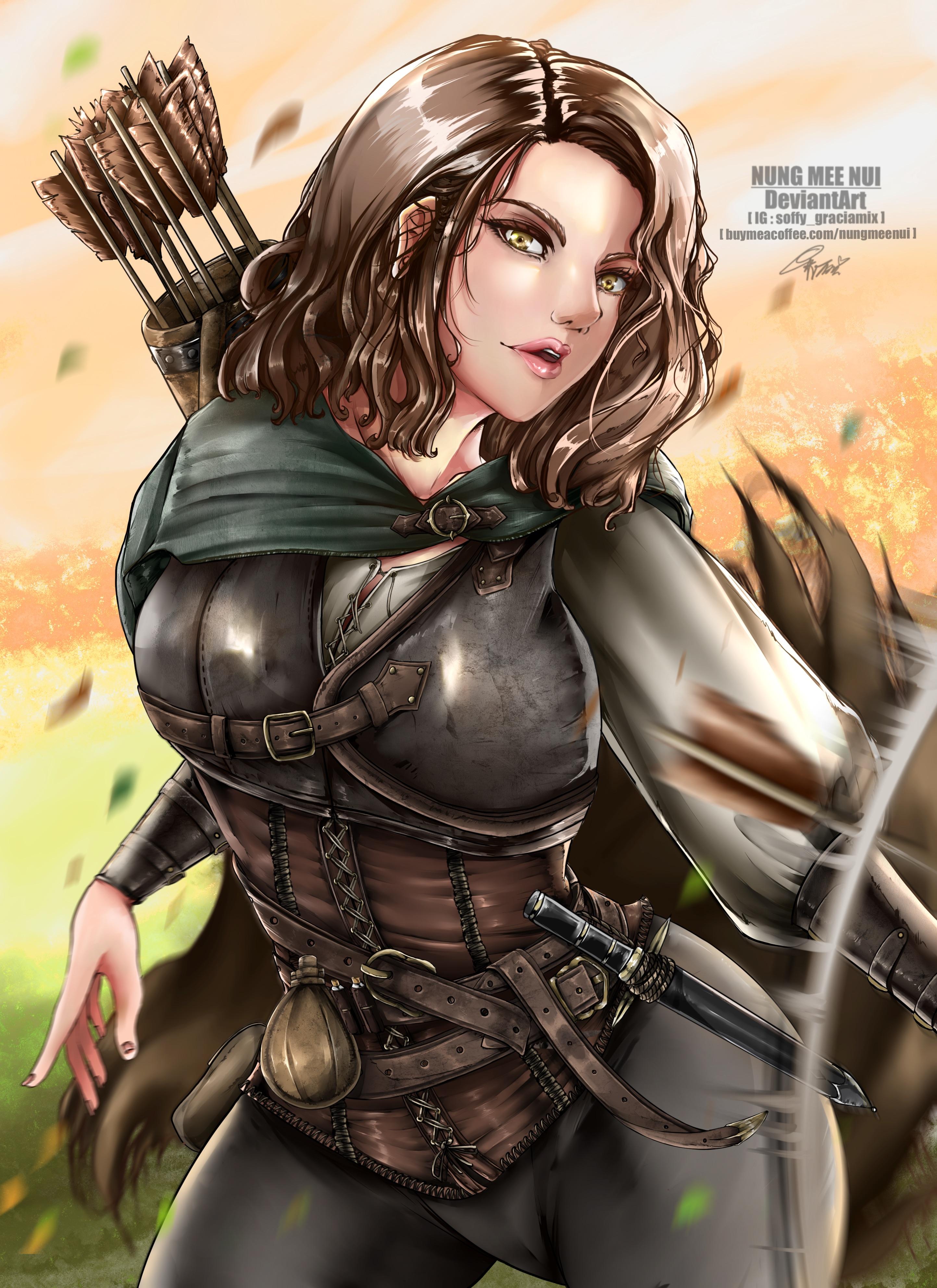 Digital anime art by NUNG MEE NUI featuring curvy female characters in superhero suits, fantasy armor, and DC Comics gear.