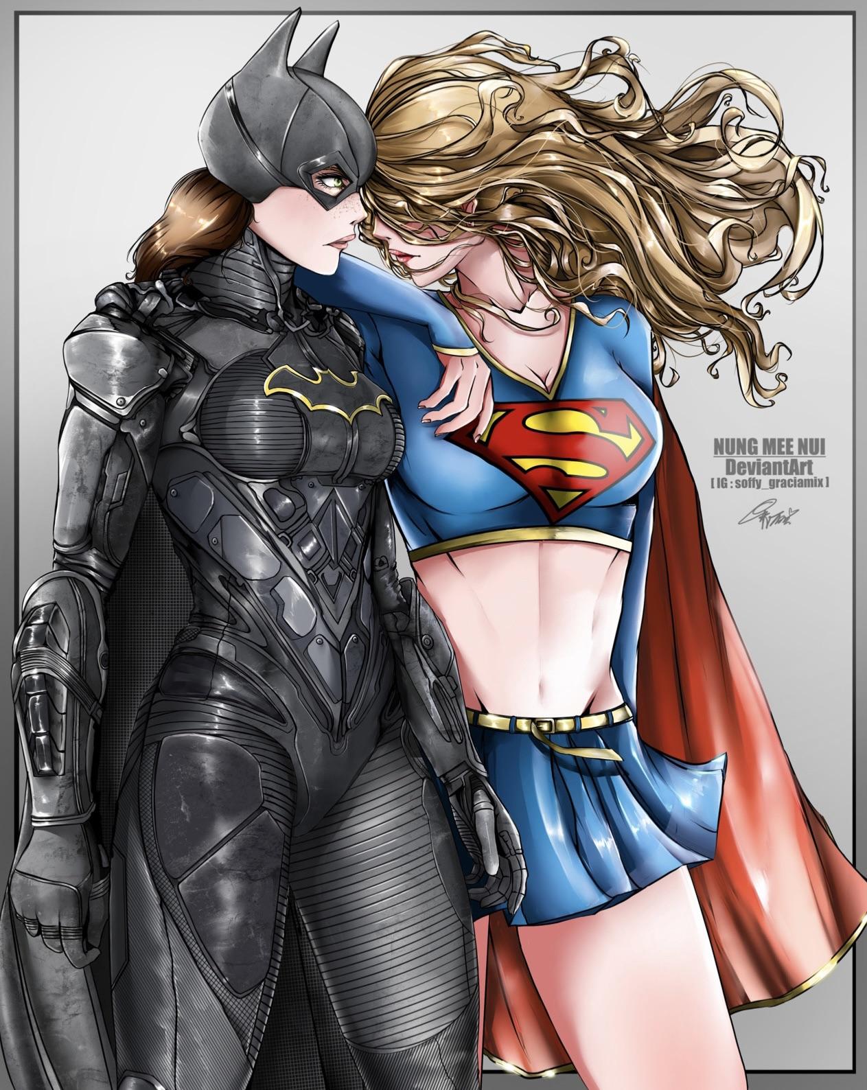 Digital anime art by NUNG MEE NUI featuring curvy female characters in superhero suits, fantasy armor, and DC Comics gear.