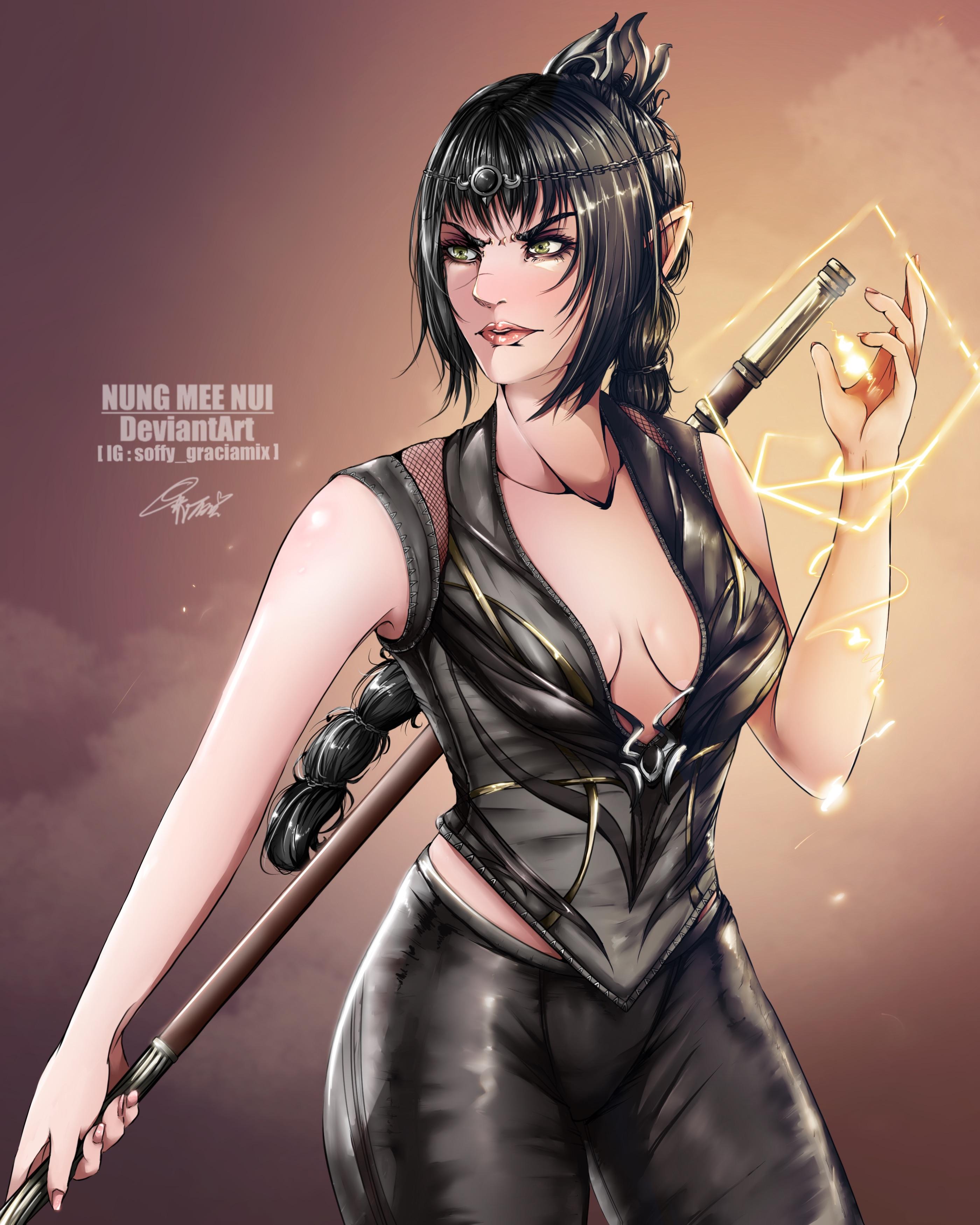 Digital anime art by NUNG MEE NUI featuring curvy female characters in superhero suits, fantasy armor, and DC Comics gear.