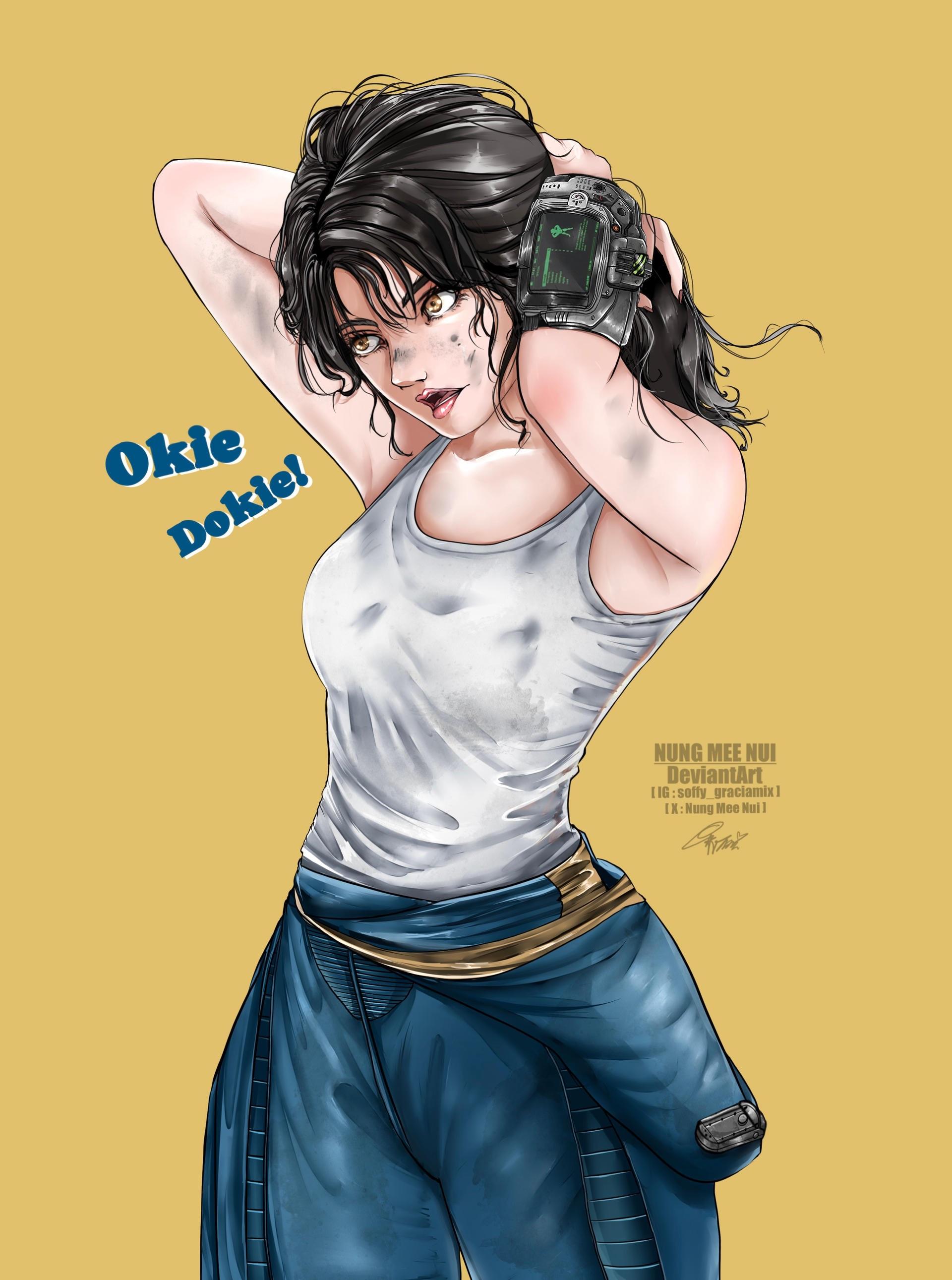 Digital anime art by NUNG MEE NUI featuring curvy female characters in superhero suits, fantasy armor, and DC Comics gear.