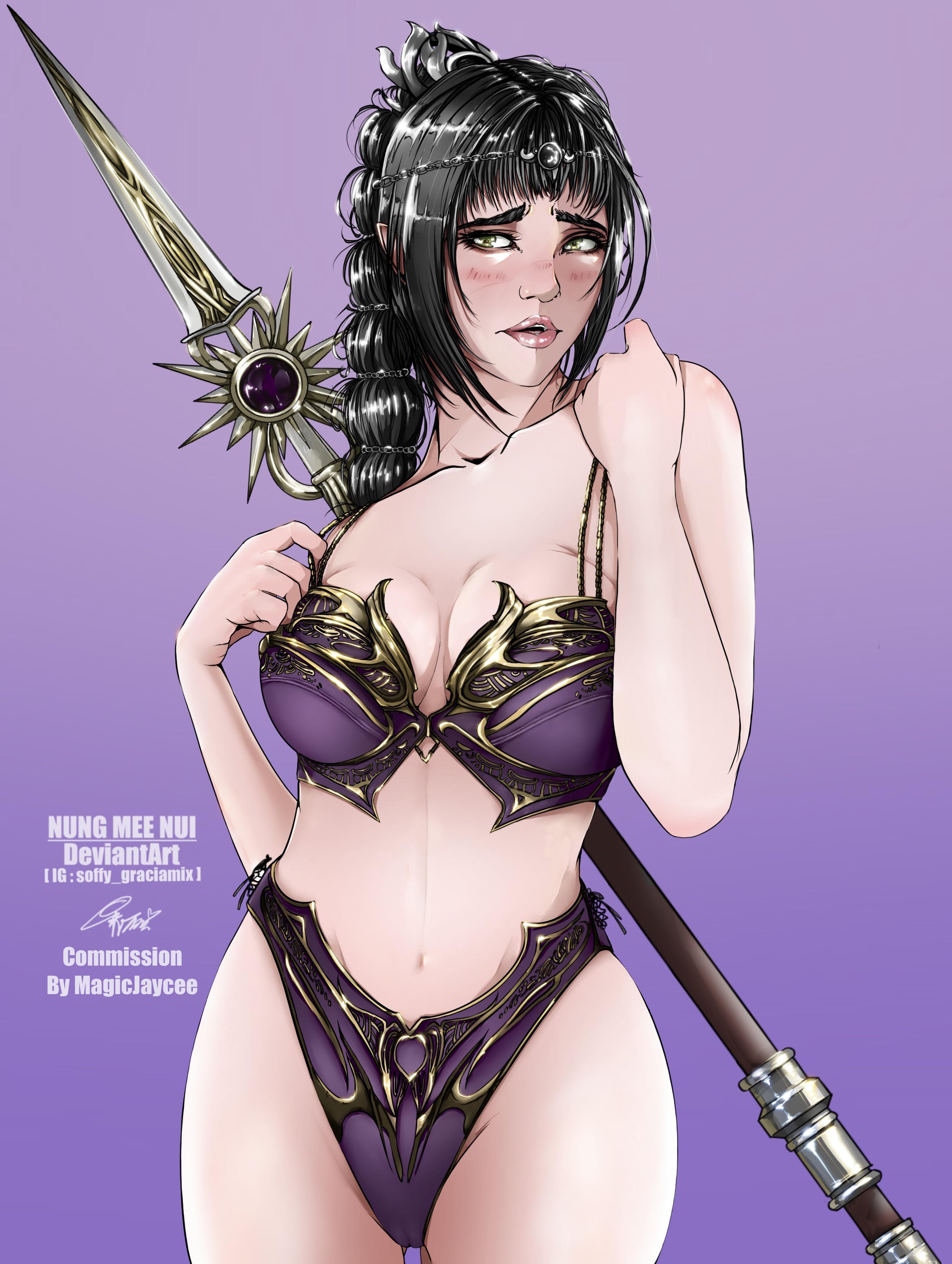 Digital anime art by NUNG MEE NUI featuring curvy female characters in superhero suits, fantasy armor, and DC Comics gear.
