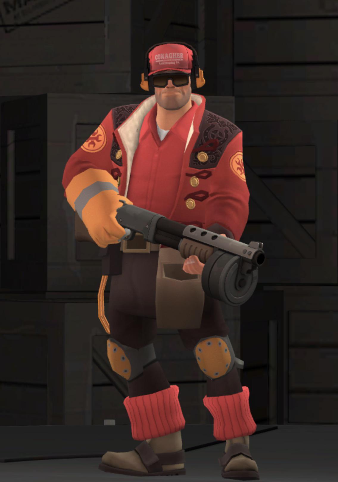 Two TF2 Engineer loadouts featuring a stocky man in blue overalls and a red jacket with baseball caps and streetwear.