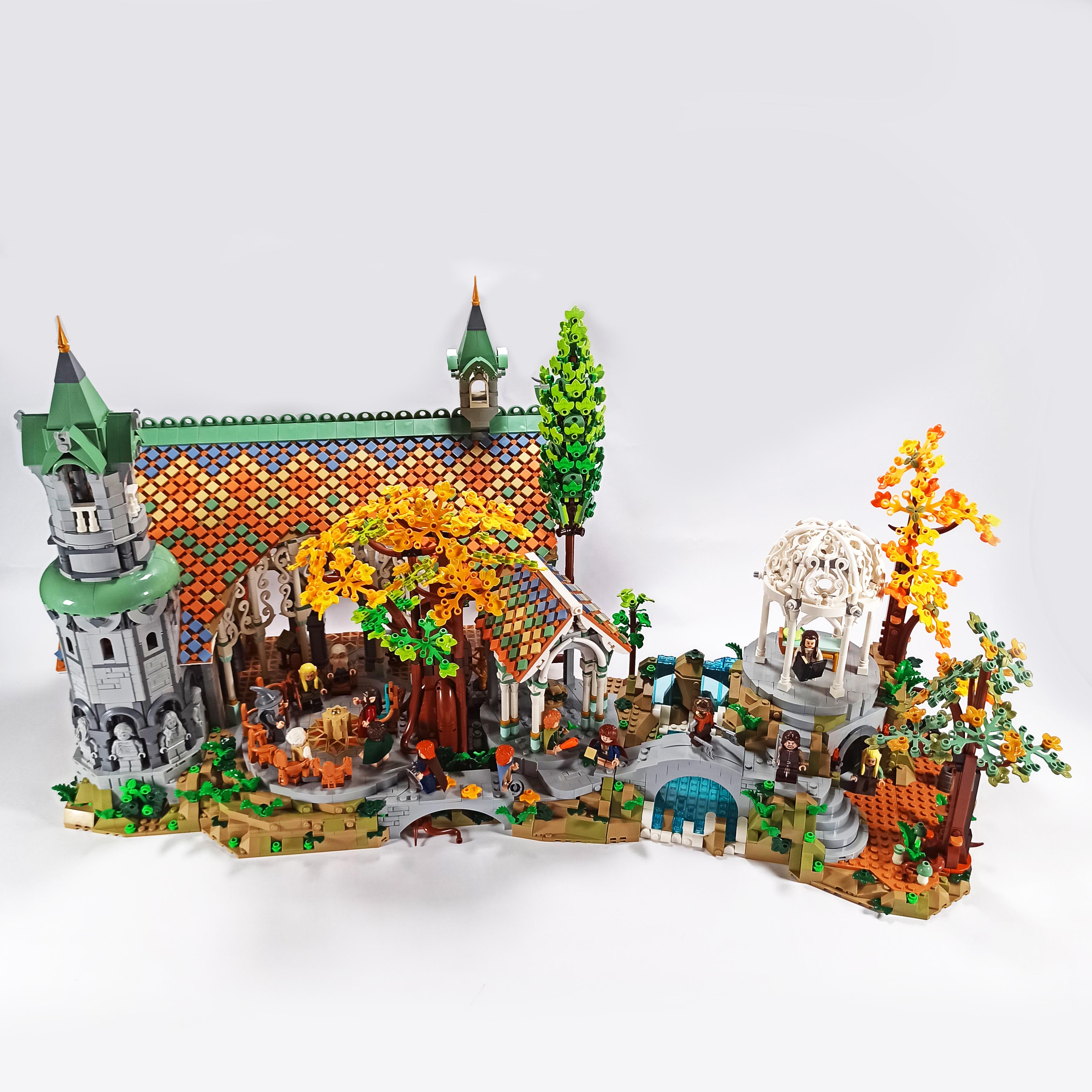 LEGO Icons 10316 The Lord of the Rings Rivendell diorama with minifigures in a forest setting