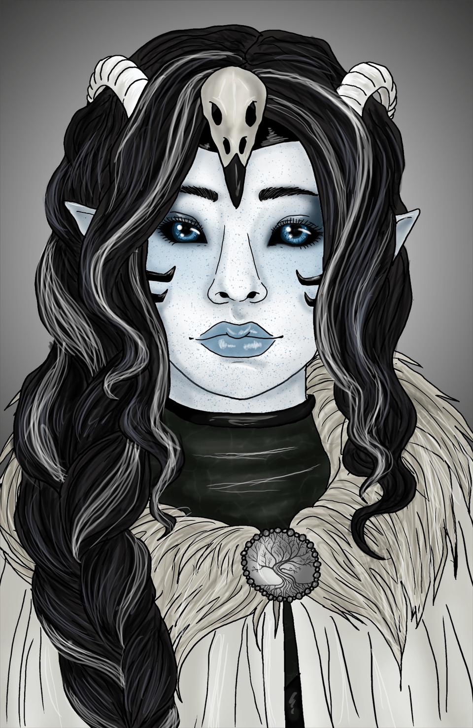 Tiefling woman with long black hair, horns, and a white fur-collared cloak against a grey background