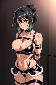 Two busty anime girls in bondage gear, one redhead with a ball gag and one with a black bun and green highlights.
