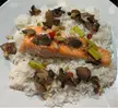 Salmon with ginger, garlic, mushrooms, chili and spring onions