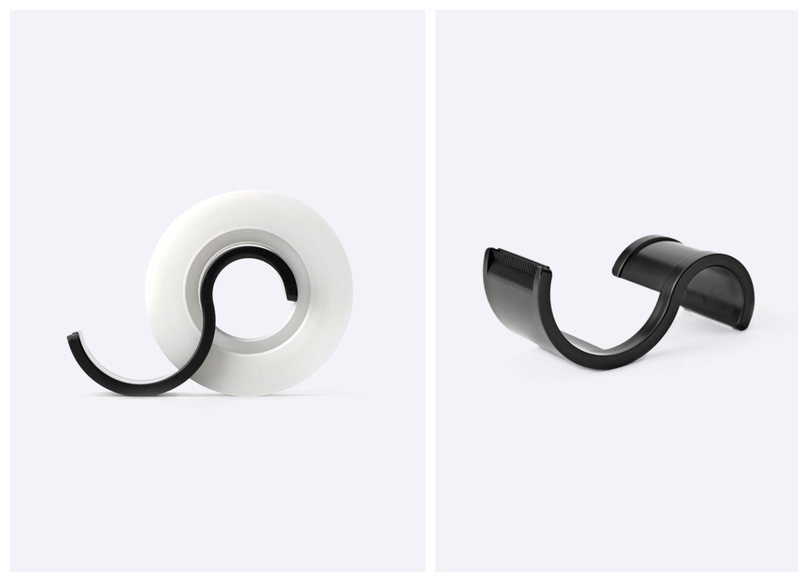 Hopscotch Minimal Tape Cutter - made from a single S-shaped piece, the first arc holds the tape, while the other cuts it. Designed in Japan.