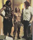 Arnold Schwarzenegger with Wilt Chamberlain and Andre the Giant on the set of Conan the Destroyer, 1983
