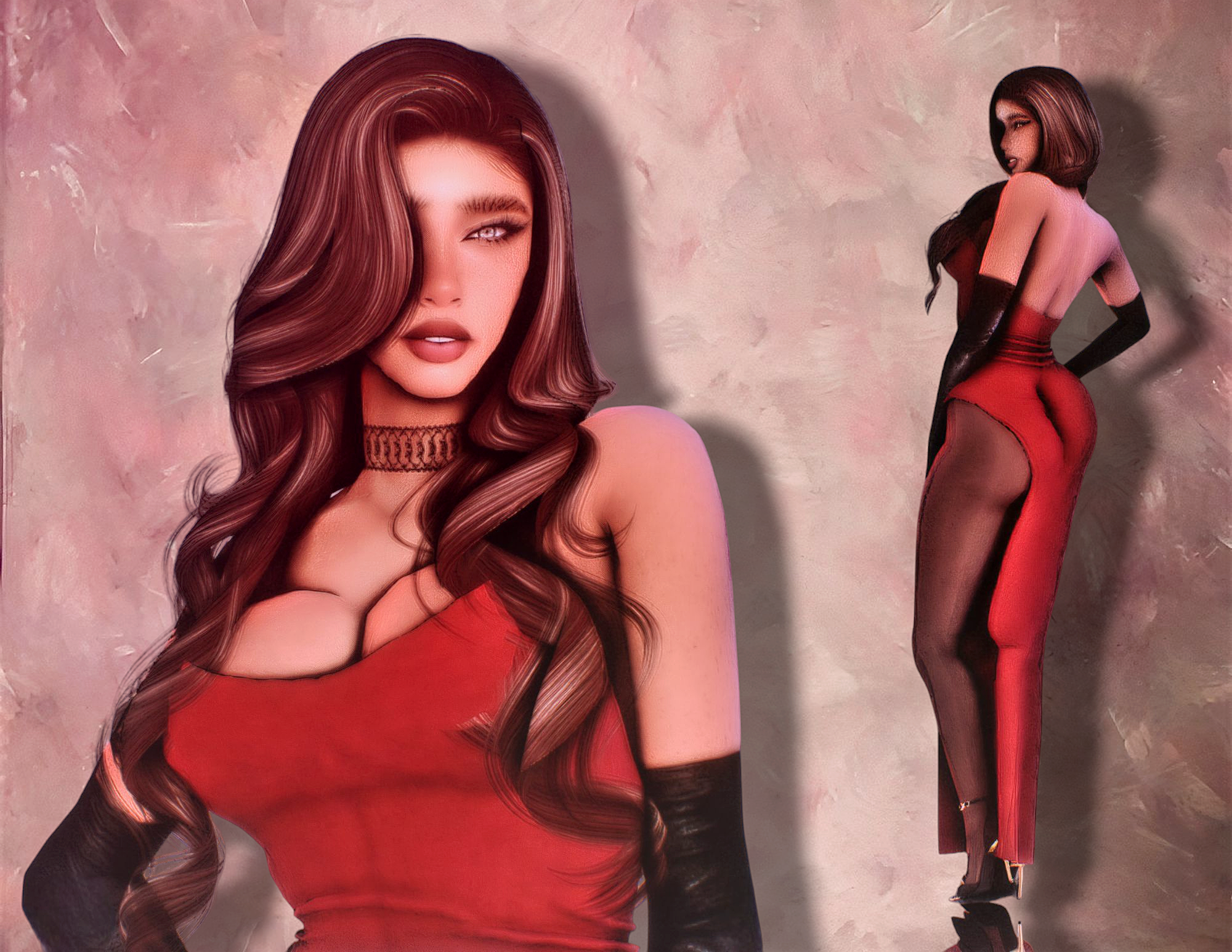 Busty brunette Sim in black lace lingerie, a red robe, and a red dress against a pink background