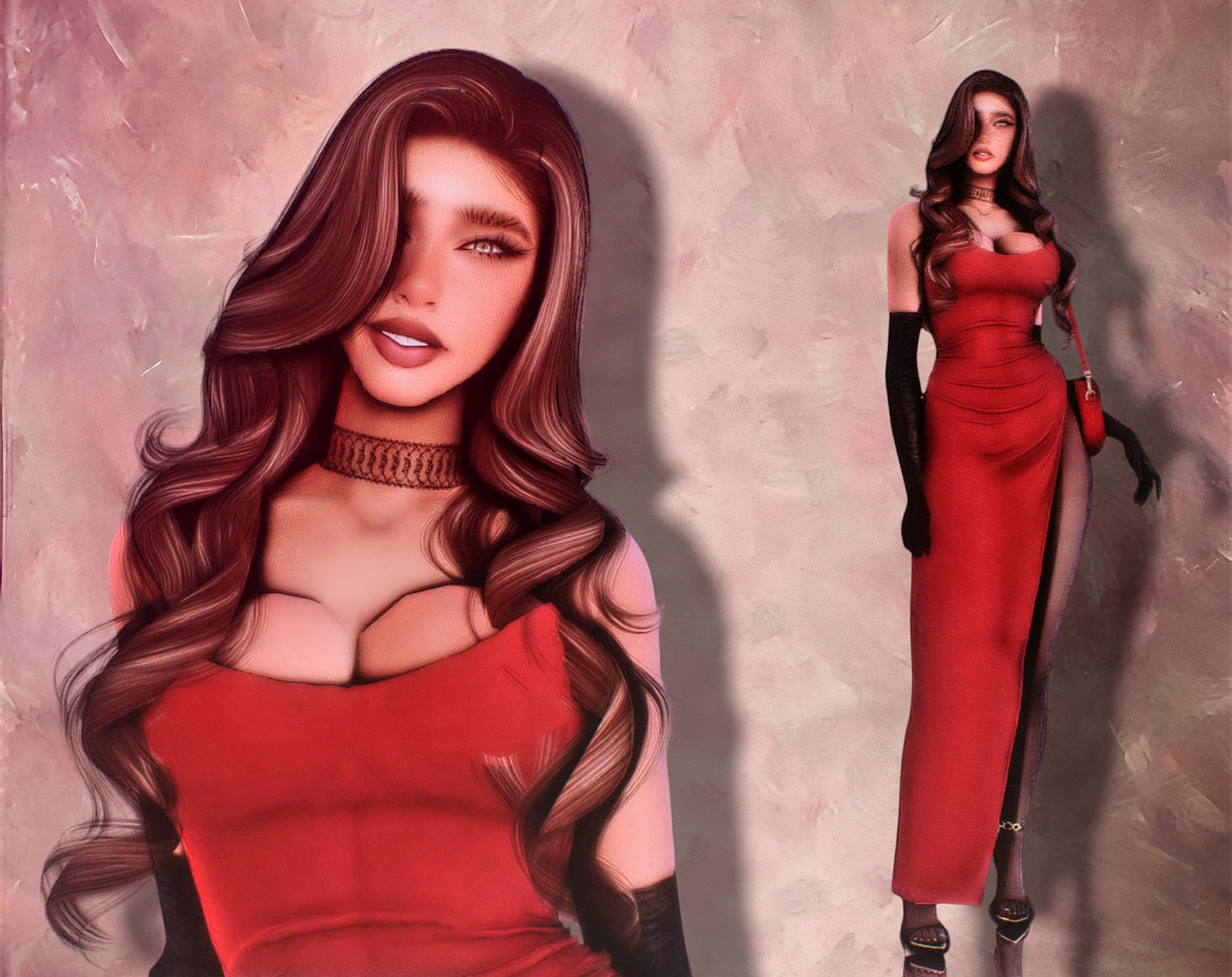 Busty brunette Sim in black lace lingerie, a red robe, and a red dress against a pink background