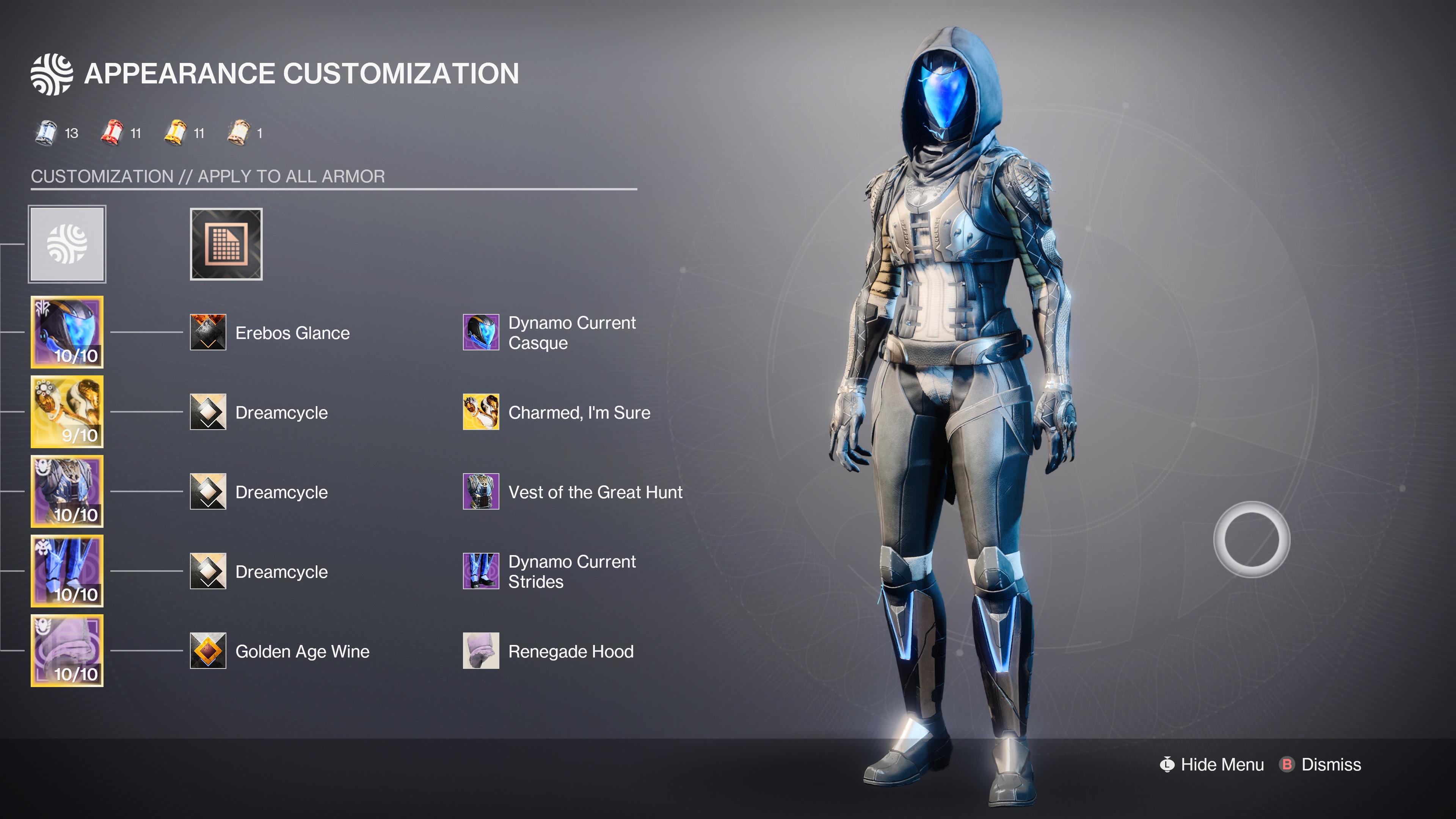 Destiny fashion character customization of The Liar in a futuristic armored suit with a hood and glowing blue eyes