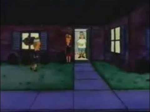 Beavis and Butt-Head characters in a group at night near a Burger World drive thru and a police car