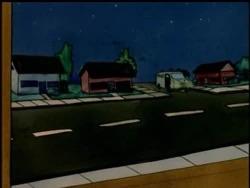 Beavis and Butt-Head characters in a group at night near a Burger World drive thru and a police car