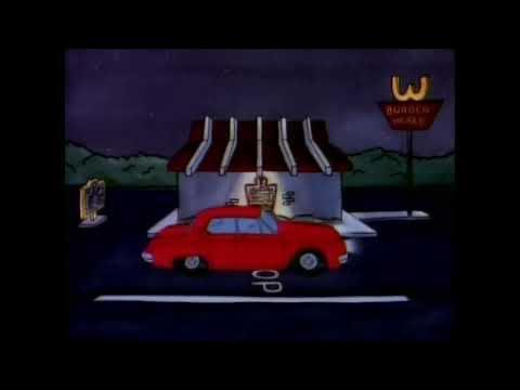 Beavis and Butt-Head characters in a group at night near a Burger World drive thru and a police car