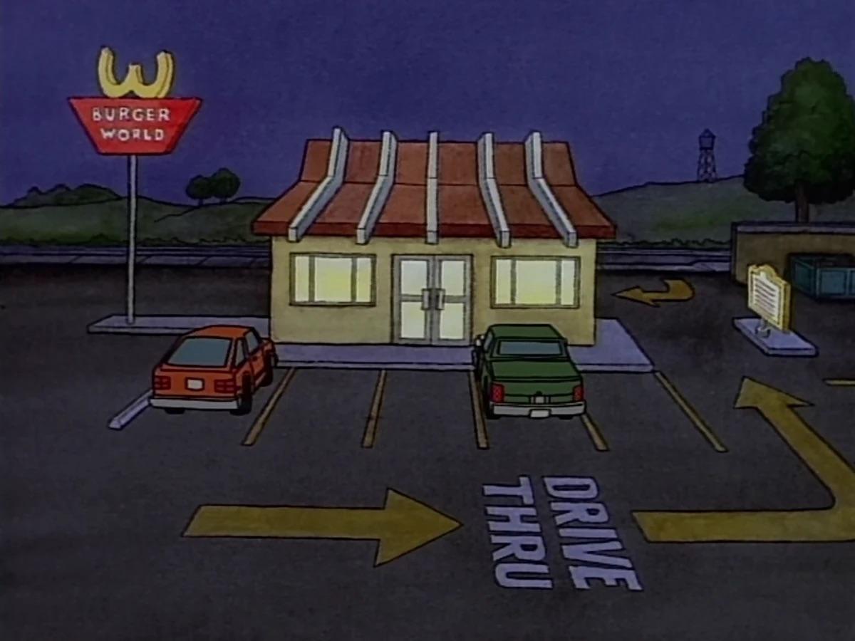 Beavis and Butt-Head characters in a group at night near a Burger World drive thru and a police car