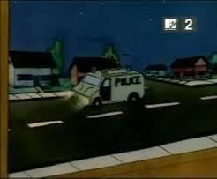 Beavis and Butt-Head characters in a group at night near a Burger World drive thru and a police car