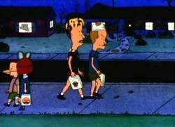 Beavis and Butt-Head characters in a group at night near a Burger World drive thru and a police car