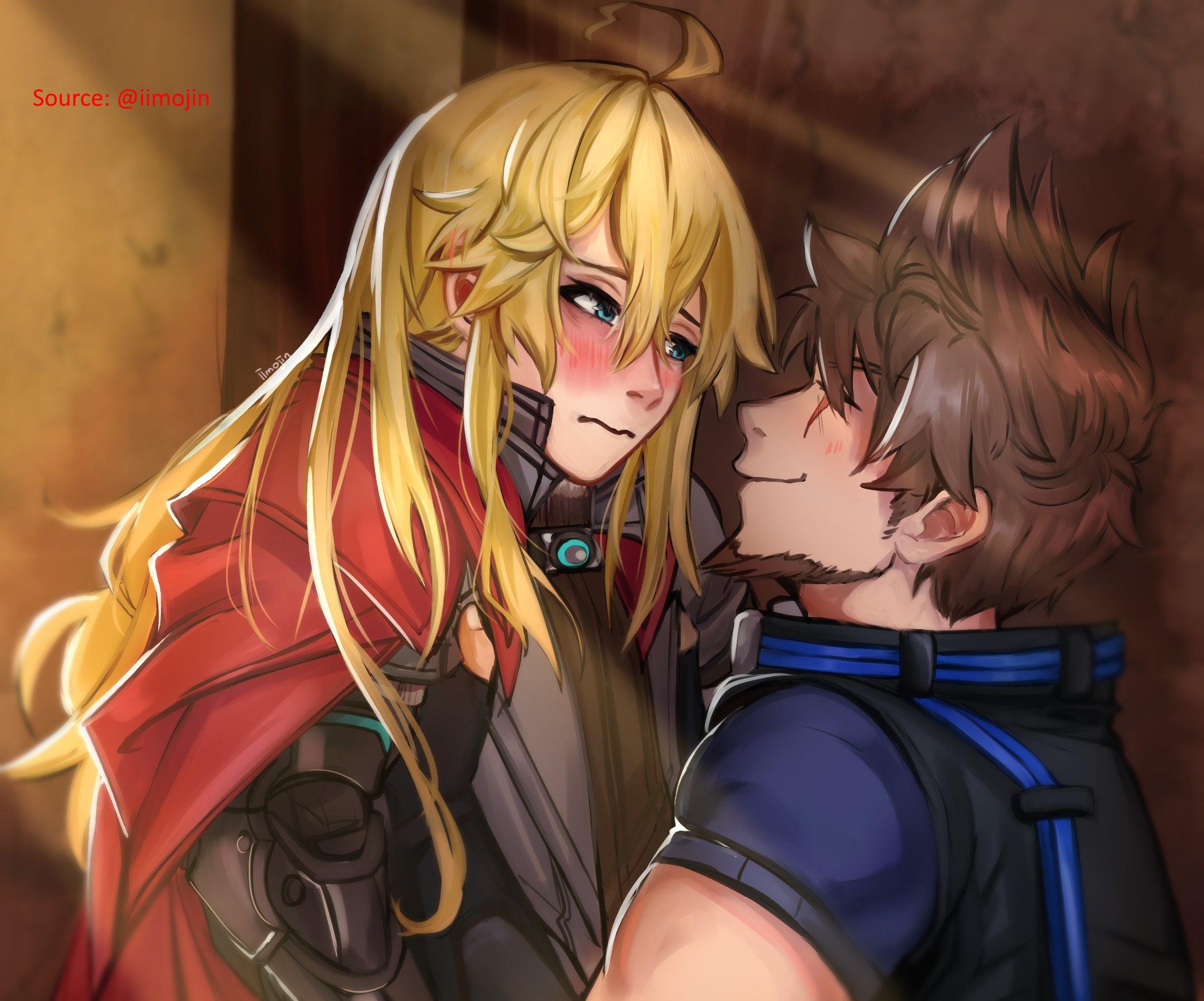 Rex and Tora from Xenoblade Chronicles 2 in yaoi and hentai anime art, kissing and engaging in sexual intimacy.