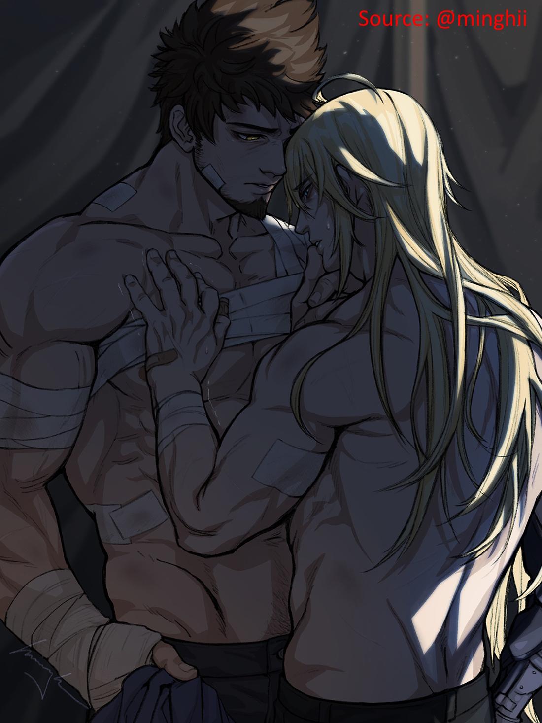 Rex and Tora from Xenoblade Chronicles 2 in yaoi and hentai anime art, kissing and engaging in sexual intimacy.