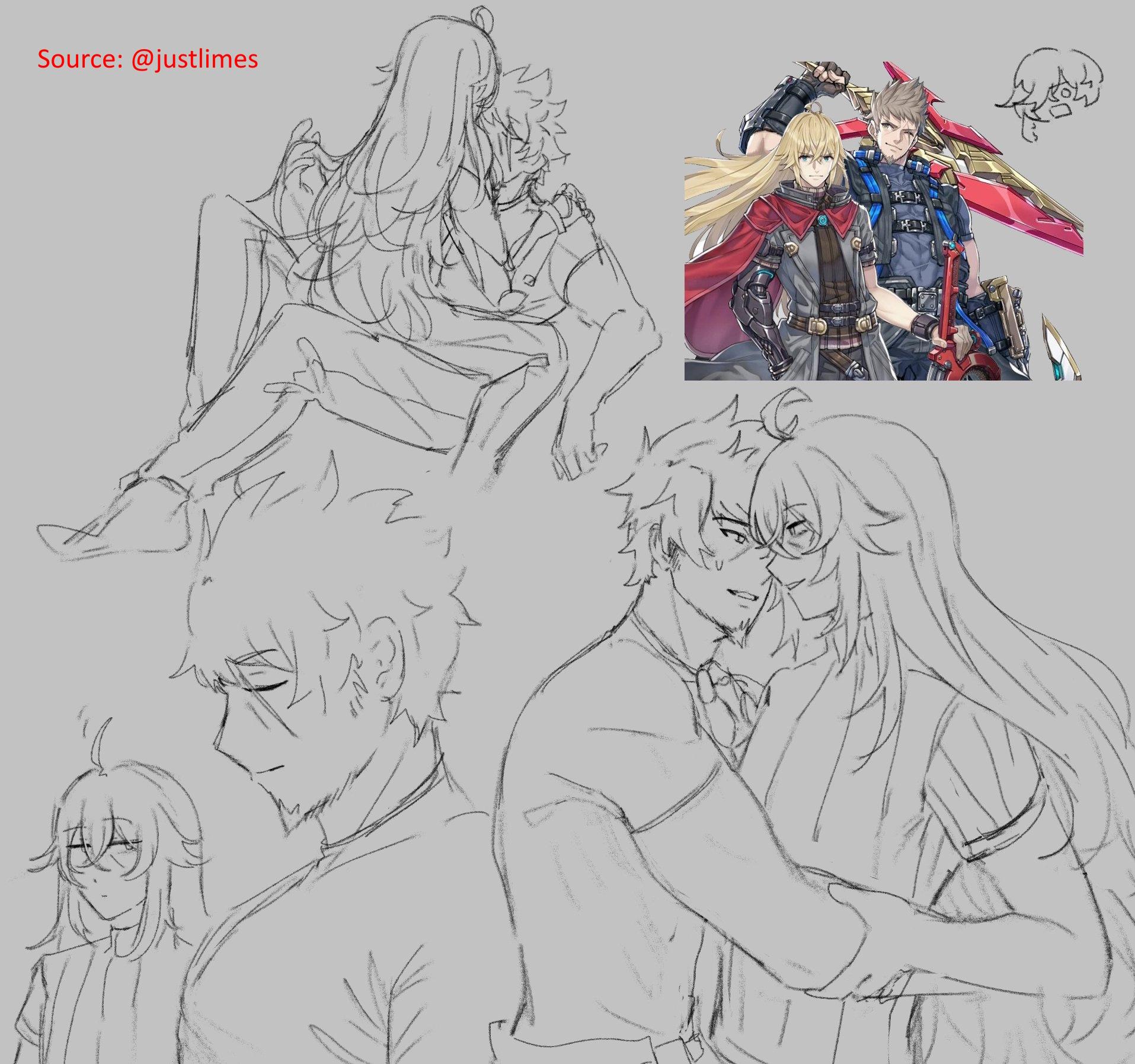 Rex and Tora from Xenoblade Chronicles 2 in yaoi and hentai anime art, kissing and engaging in sexual intimacy.