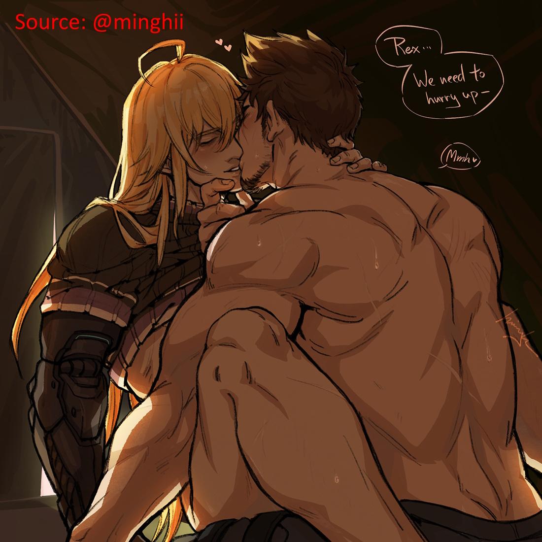 Rex and Tora from Xenoblade Chronicles 2 in yaoi and hentai anime art, kissing and engaging in sexual intimacy.