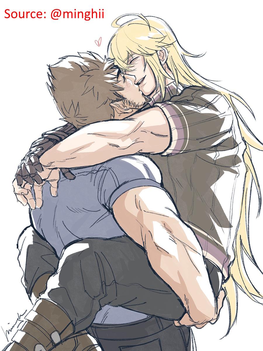 Rex and Tora from Xenoblade Chronicles 2 in yaoi and hentai anime art, kissing and engaging in sexual intimacy.