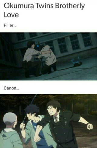 Ao No Exorcist meme comparing Okumura twins' brotherly love in filler versus canon scenes