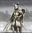 Teutonic knight stands on snowy ground artist Victor Dominguez