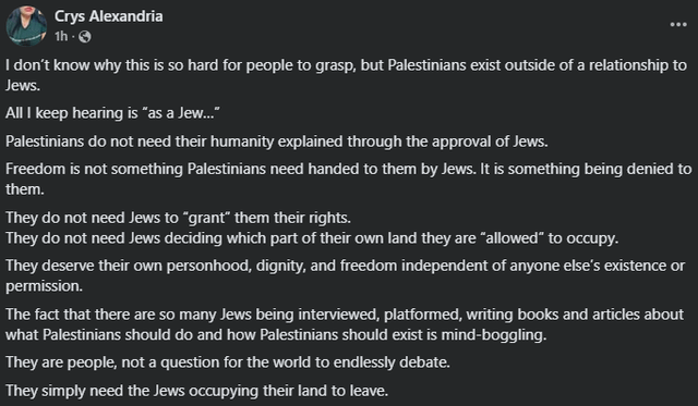 Crys Alexandria in a green garment in a social media screenshot discussing Palestinian rights.