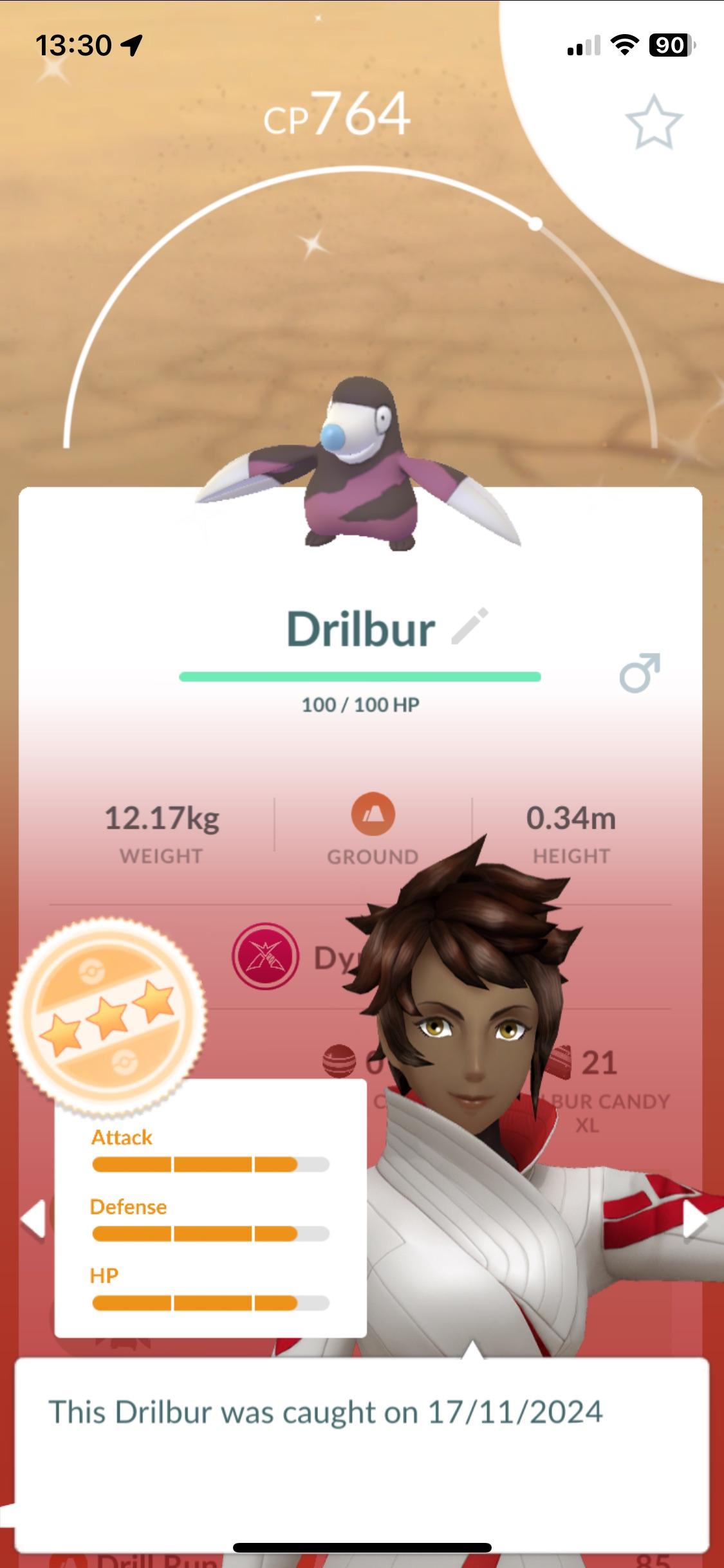 Cursed AI Pokémon GO profile of a Drilbur with a weird 3D character in a white and red outfit overlaying the screen.