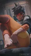 D.Va from Overwatch in an orange and black bodysuit, sitting with her bare foot raised and soles visible.