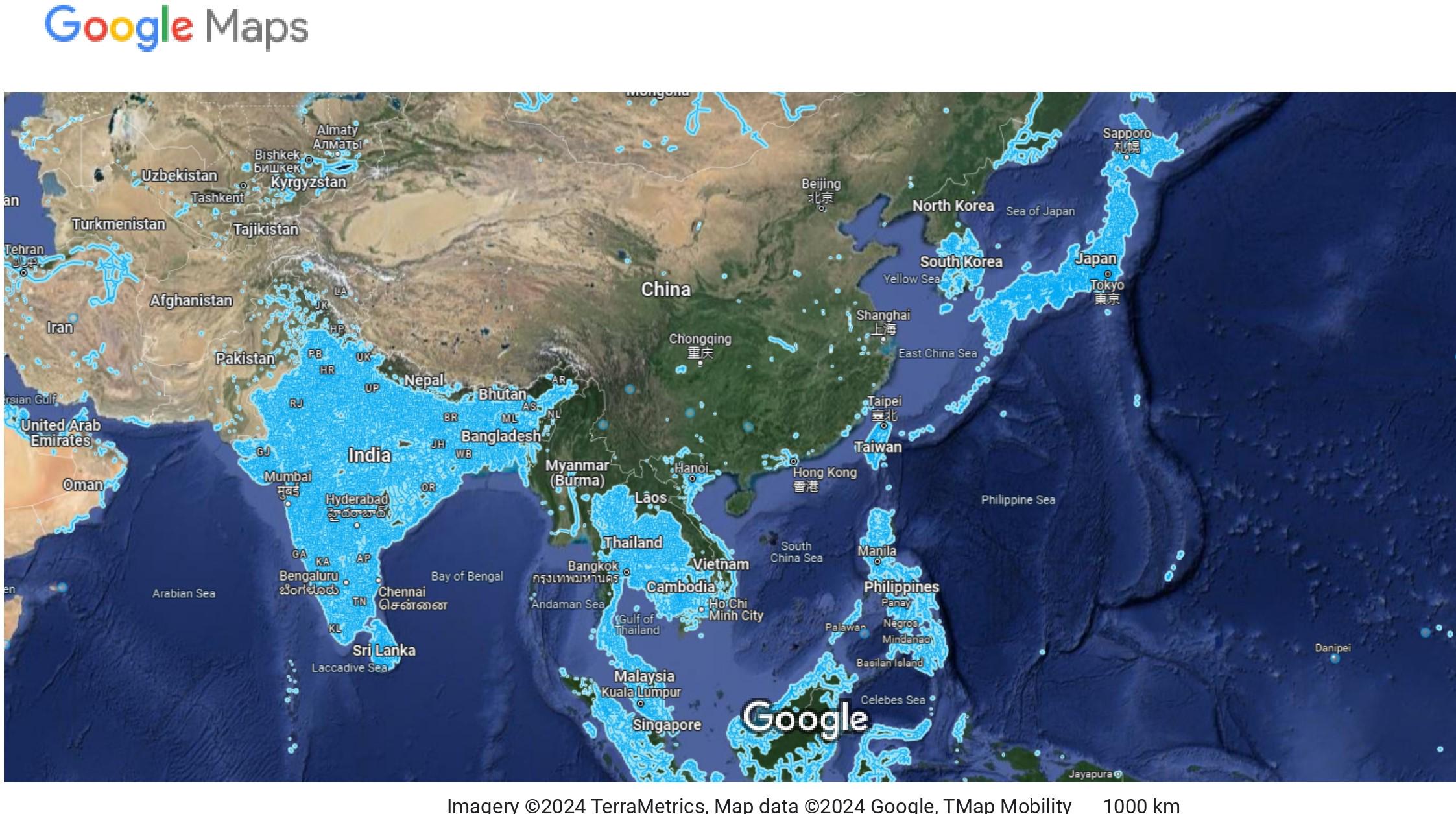 Availability of Google street view in China, compared to its neighbors.