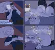 NTR comic of a slim man texting while a busty monster girl with pale blue skin performs lactation breast sucking