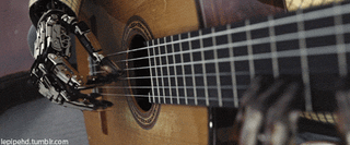 Cyberprep AI art of a robotic hand playing a classical guitar, plucking strings and pressing frets.