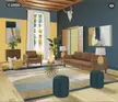 Design Home game interior with a large patterned rug, blue and yellow walls, and abstract oil painting wall art.