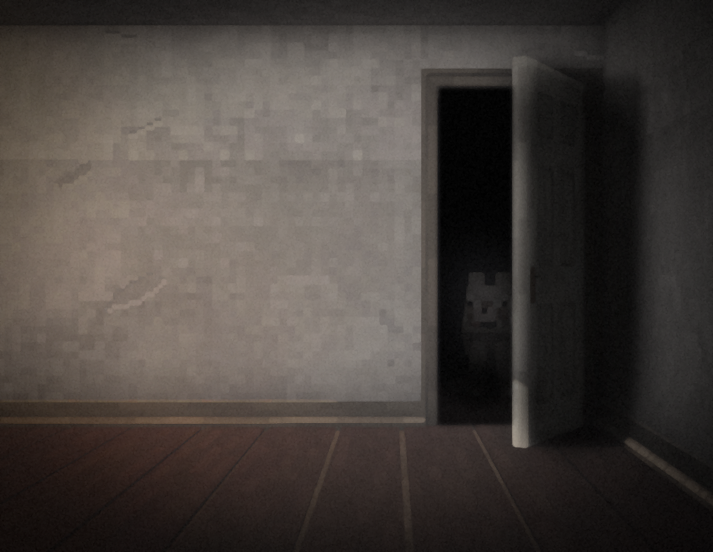 Dragan Bibin inspired 3D art of a dog interacting with a doorway in a dimly lit room