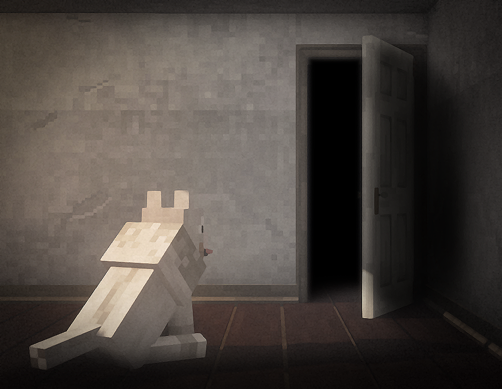 Dragan Bibin inspired 3D art of a dog interacting with a doorway in a dimly lit room